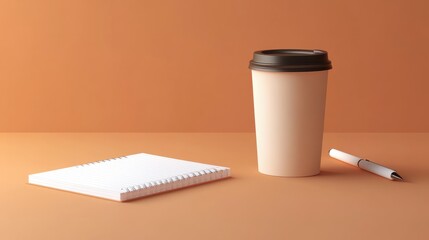 Coffee cup, notebook, and pen on a minimalist background, perfect for planning.