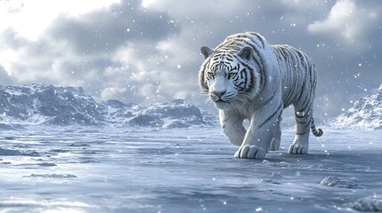 A ferocious white tiger prowling across a vast frozen plain with snowflakes falling
