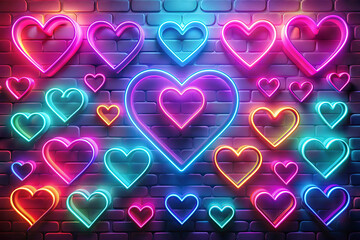 Minimalism, Valentine's Day neon background, different size and shape and color hearts.