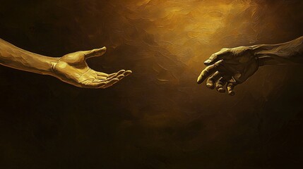 Two golden hands reaching towards each other in a dark, warm-toned background.