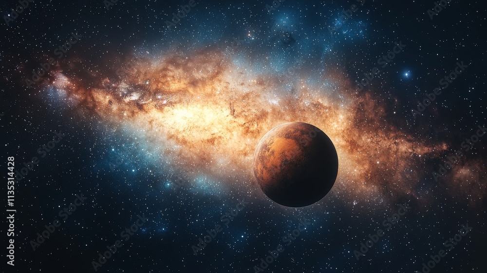 Poster an awe-inspiring scene of the cosmos showcasing mars and a distant galaxy, representing the idea of 