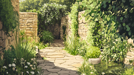 Obraz premium Overgrown canal garden with old stone walls and vines, overgrowth, peaceful, garden. Overgrowth. Illustration