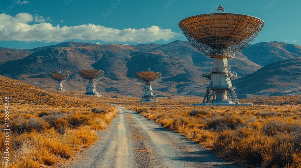 Poster on a clear day, radio telescopes are tuned in to detect signals from outer space.