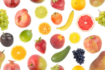Seamless pattern of bright juicy fruits, vegetables, berries isolated on white