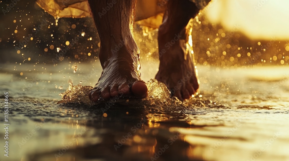 Poster bare feet create splashes as they step through shimmering water in the warm glow of sunset, capturin