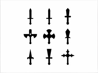 "Set of 9 Sword Silhouette Vector Illustrations on White Background"

