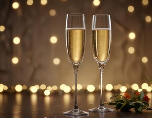 Elegant champagne flute, festive lights reflected ,  bokeh,  alcohol