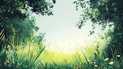 Fototapeta premium Overgrown grass and weeds in a neglected garden, outdoors, wildflowers. Overgrowth. Illustration
