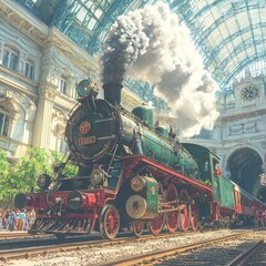 Obraz premium A vintage steam locomotive in a grand station, emitting steam and smoke.