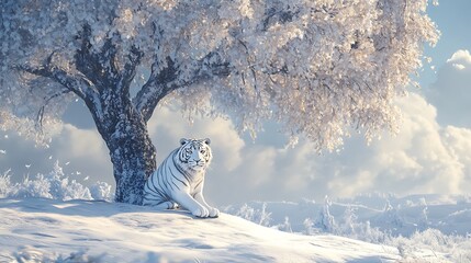 A powerful white tiger sitting majestically under a tall frozen tree in the snow