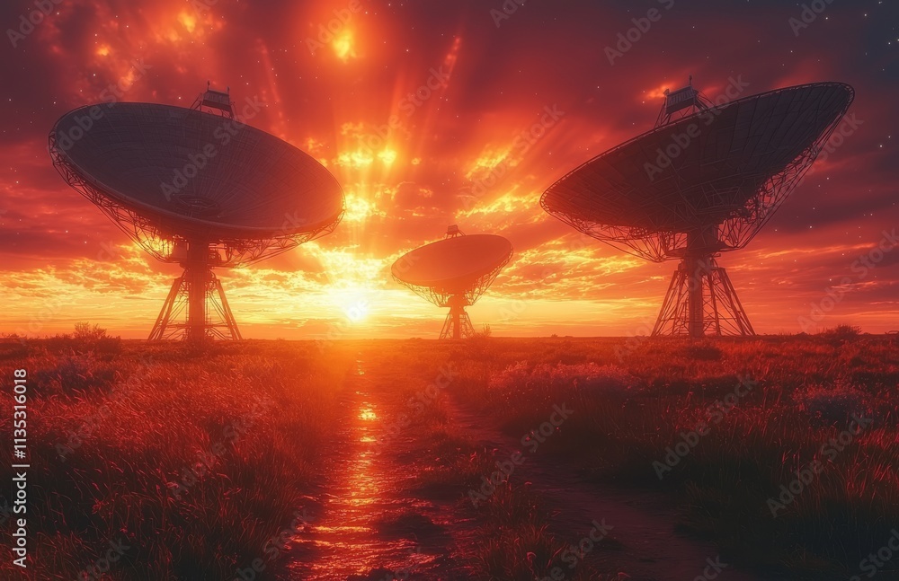 Wall mural four large radio telescope dishes stand out against an evening sky filled with clouds, with one dish