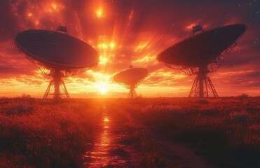 Four large radio telescope dishes stand out against an evening sky filled with clouds, with one dish sharp in focus and the other three blurred in the background.