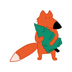 An illustration of a cute red fox holding a Christmas tree. Doodle forest animal. Winter holiday print.