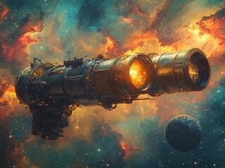 A telescope peers into the heart of a spiral galaxy, capturing the essence of space exploration in a digital artwork.