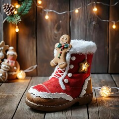   'Nikolaus - Santa&acute;s Boot - Christmas decoration with gingerbread man on rustic wood background with fairy lights',