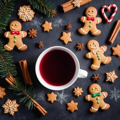   'Christmas background with hot wine punch, cookies and smiling gingerbread man :)'