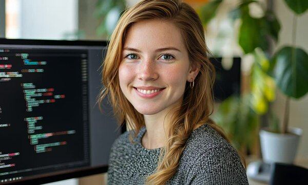 Smiling female programmer with long hair, working at a computer with code displayed on the screen.