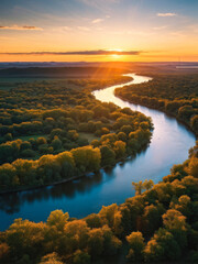 Fototapeta premium Wide panoramic view of a river landscape at sunset, with warm golden light highlighting the curves of the river and surrounding lush forest. Generative AI