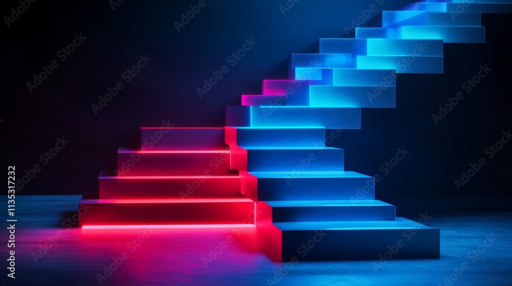 Poster two sets of neon stairs converge in a visually striking red and blue glow, creating a modern, symmet