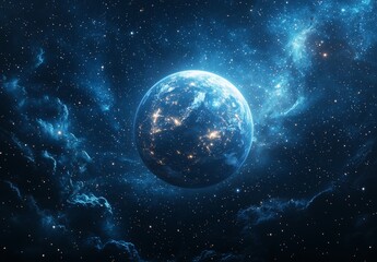 Obraz premium A planet hidden behind star clusters and nebulae, with the sun shining in the vastness of space, a piece of the Universe.