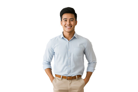 An Asian American man wearing a light blue button-up shirt and khaki pants, smiling with his hands in his pockets against a transparent, isolated background