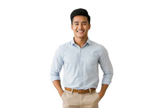 An Asian American man wearing a light blue button-up shirt and khaki pants, smiling with his hands in his pockets against a transparent, isolated background