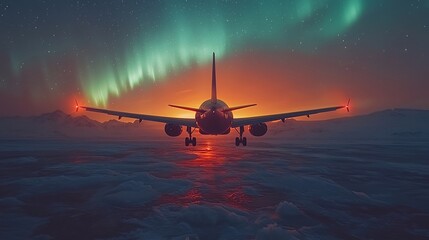 Passenger Jet Gliding Above the Majestic Northern Lights with Colorful Aurora Reflection