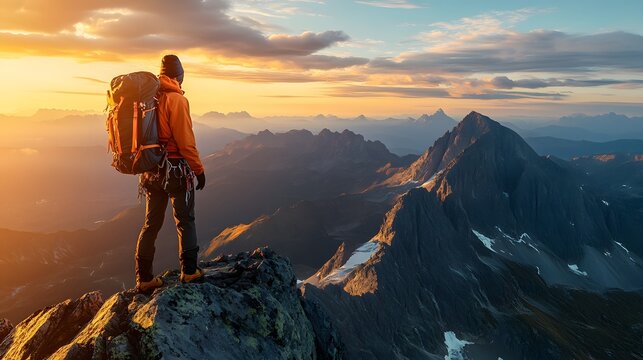 Portrait of an experienced mountaineer on the summit of mountain