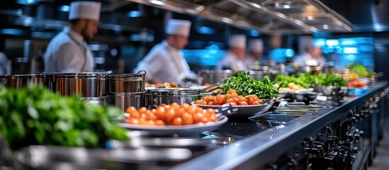 Chefs prepare fresh ingredients in a professional kitchen.