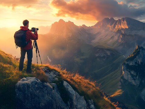 Portrait of an experienced nature photographer in a mountain - Powered by Adobe