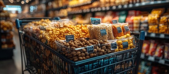 Fototapeta premium Grocery cart filled with various snack bags in a supermarket aisle.