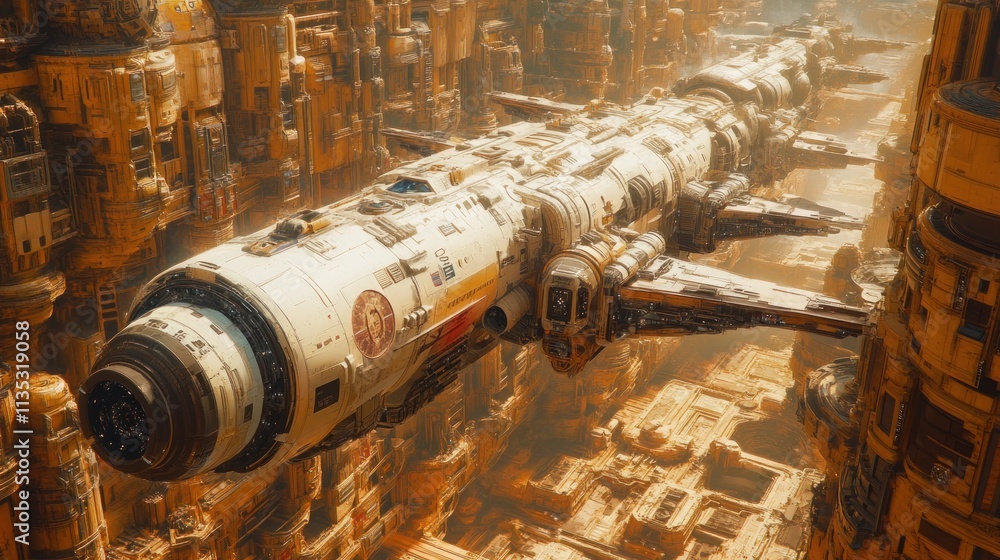 Poster a futuristic spaceship navigating through a complex industrial environment.