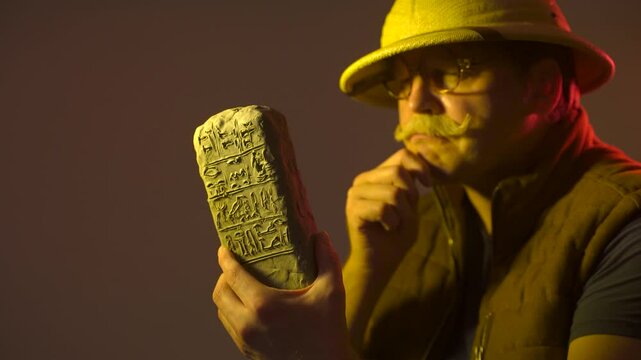 A funny elderly archaeologist from the 19th century holds an Egyptian antiquity cuneiform clay tablet in his hands