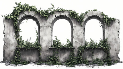 Arched niches within a ruined wall with ivy growth, architecture, ruin. Overgrowth. Illustration