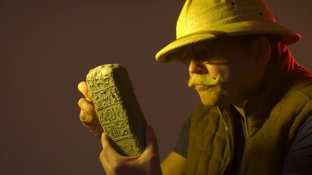 A funny elderly archaeologist from the 19th century holds an Egyptian antiquity cuneiform clay tablet in his hands