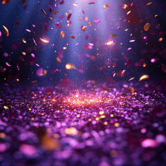 background with flying and shiny confetti in purple tones