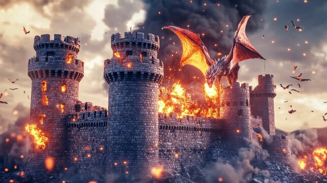 Burning castle under dragon attack; bats fly.