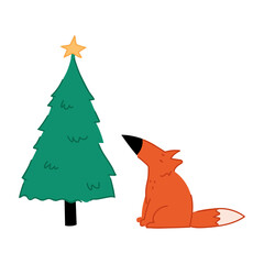 An illustration of a happy doodle fox looking at the Christmas tree. Cute forest animal.