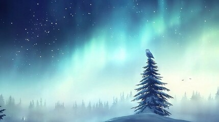 Naklejka premium A stunning snowy landscape with a majestic pine tree in the foreground and the mesmerizing Northern Lights illuminating the sky in the background