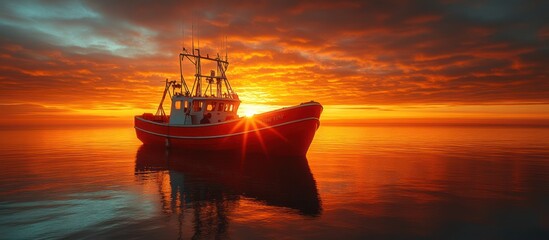 Naklejka premium Fishing boat at sunset, reflecting on calm sea.
