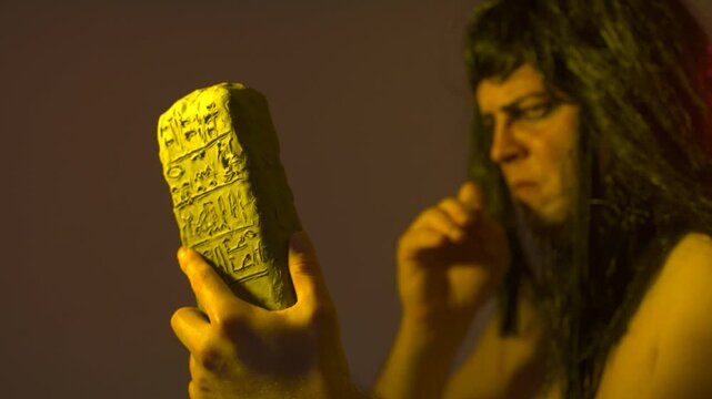 An ancient Egyptian man holds an Egyptian antiquity cuneiform clay tablet in his hands and writes ancient writings