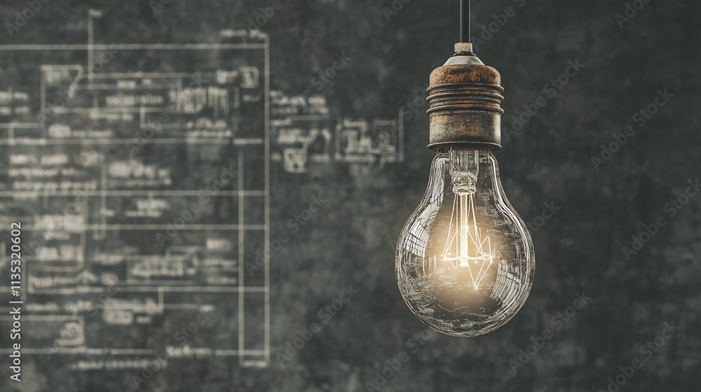 Aufkleber glowing light bulb in front of a complex technical blueprint background.