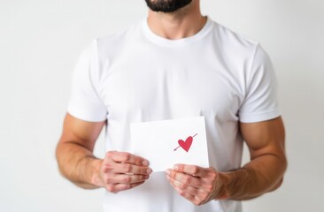 male courier in white T-shirt on the left, side view, headless, torso only, holding craft envelope with heart design, Valentine's Day gift