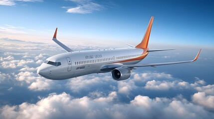 Obraz premium Airplane Soaring Above Fluffy White Clouds In Blue Sky