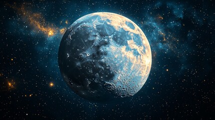 A big blue and gold moon is encircled by a ring of stars.