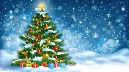Fototapeta premium Decorated Christmas tree with gifts, snow, and star.