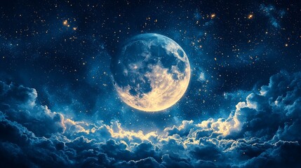 A large moon, colored blue and gold, is framed by a circle of stars.