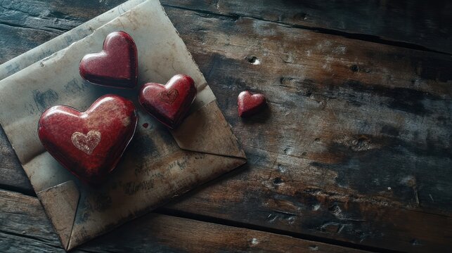 Old photograph in a package with hearts and an envelope on a rustic wooden table, Retro-style Valentineâs card with envelope