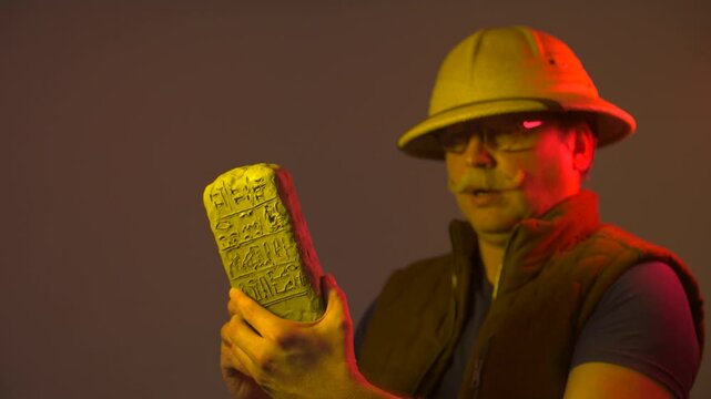 A funny elderly archaeologist from the 19th century holds an Egyptian antiquity cuneiform clay tablet in his hands