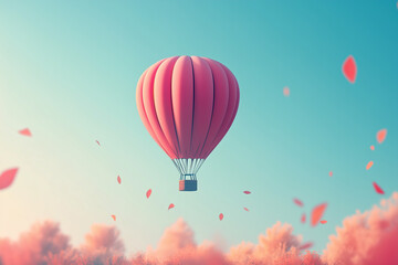 Pink hot air balloon floats gracefully across a clear blue sky amidst colorful autumn foliage